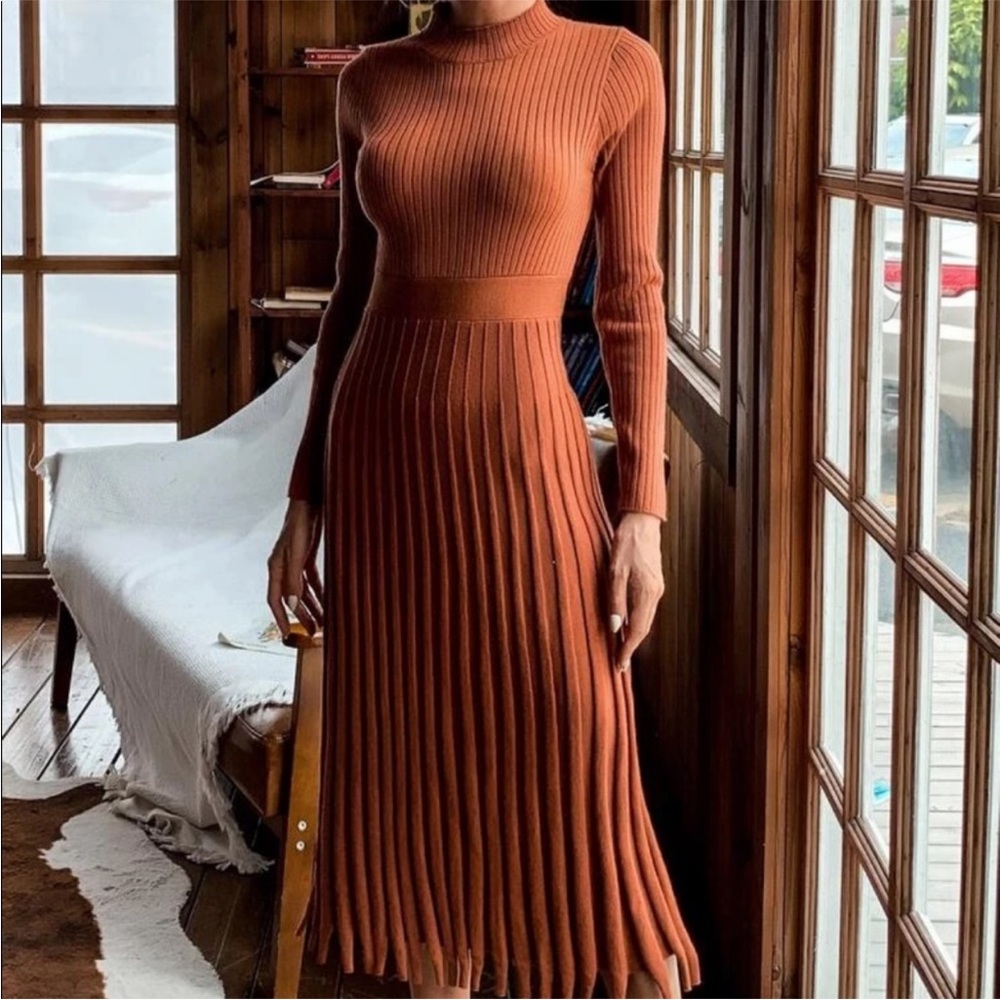 Fringe Hem Rib-knit Sweater Dress